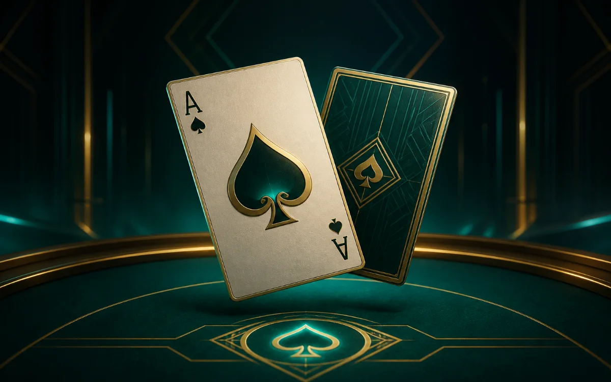 Playing cards and chips aligned beneath cool celestial light