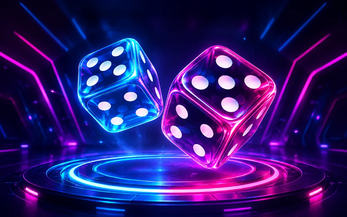 Two neon dice crossing a radiant orbital platform