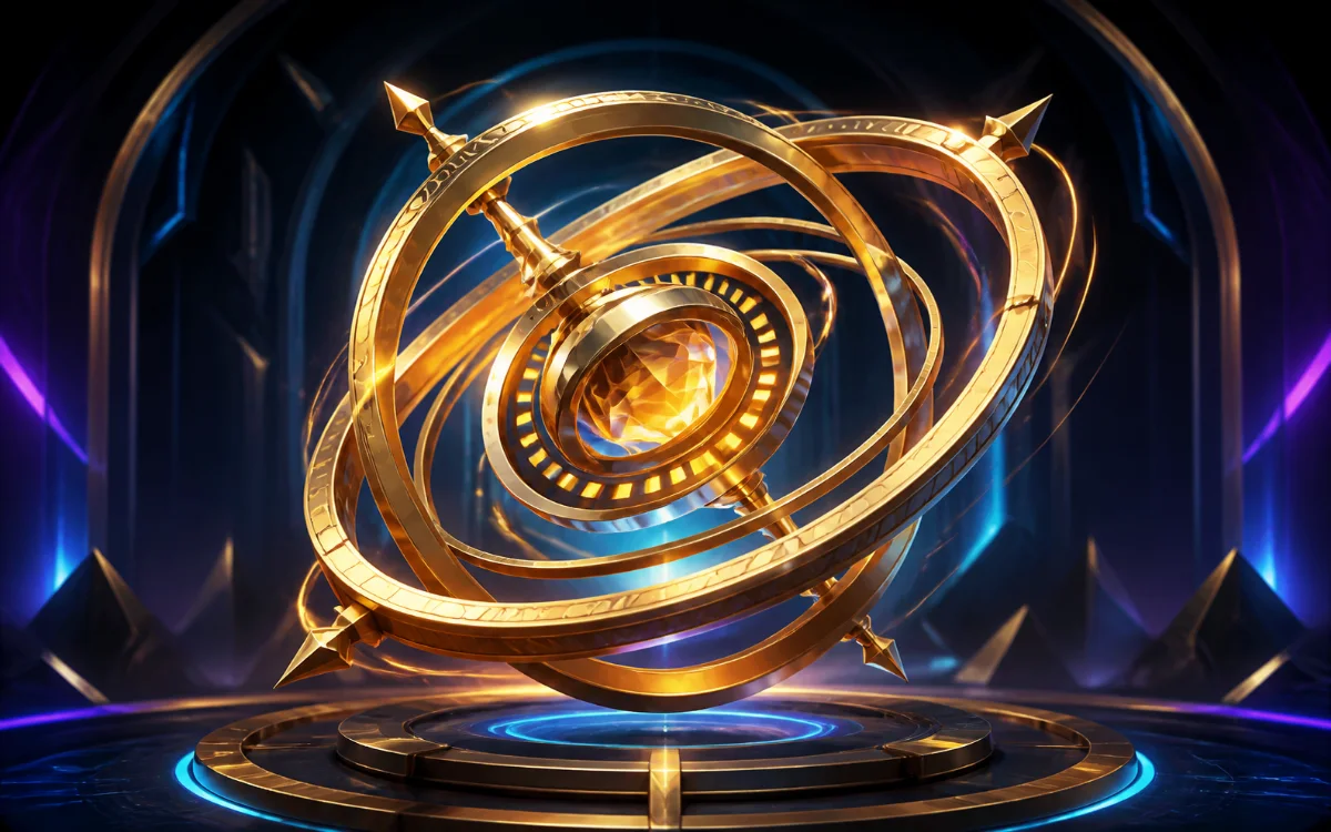 A luminous golden spinner floating in a dark celestial scene