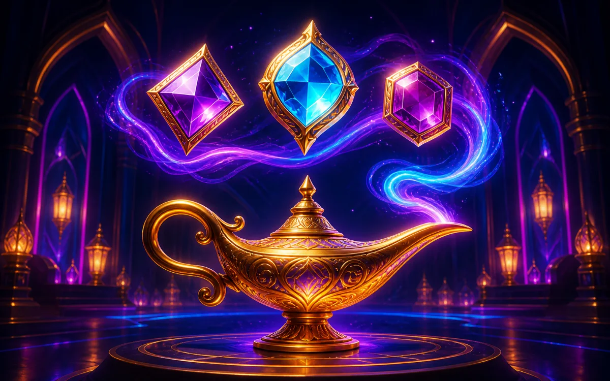 A radiant magic lamp surrounded by jewel-coloured cosmic mist