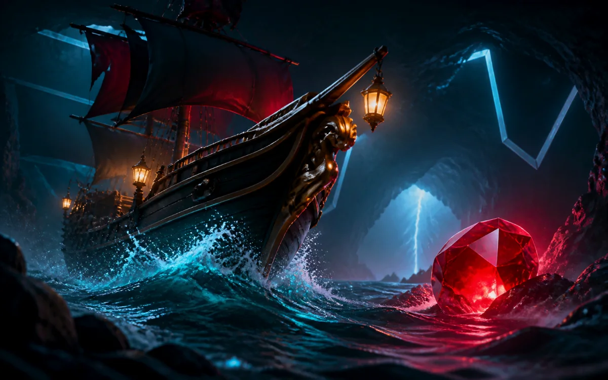 A pirate ship sailing beneath a large violet moon