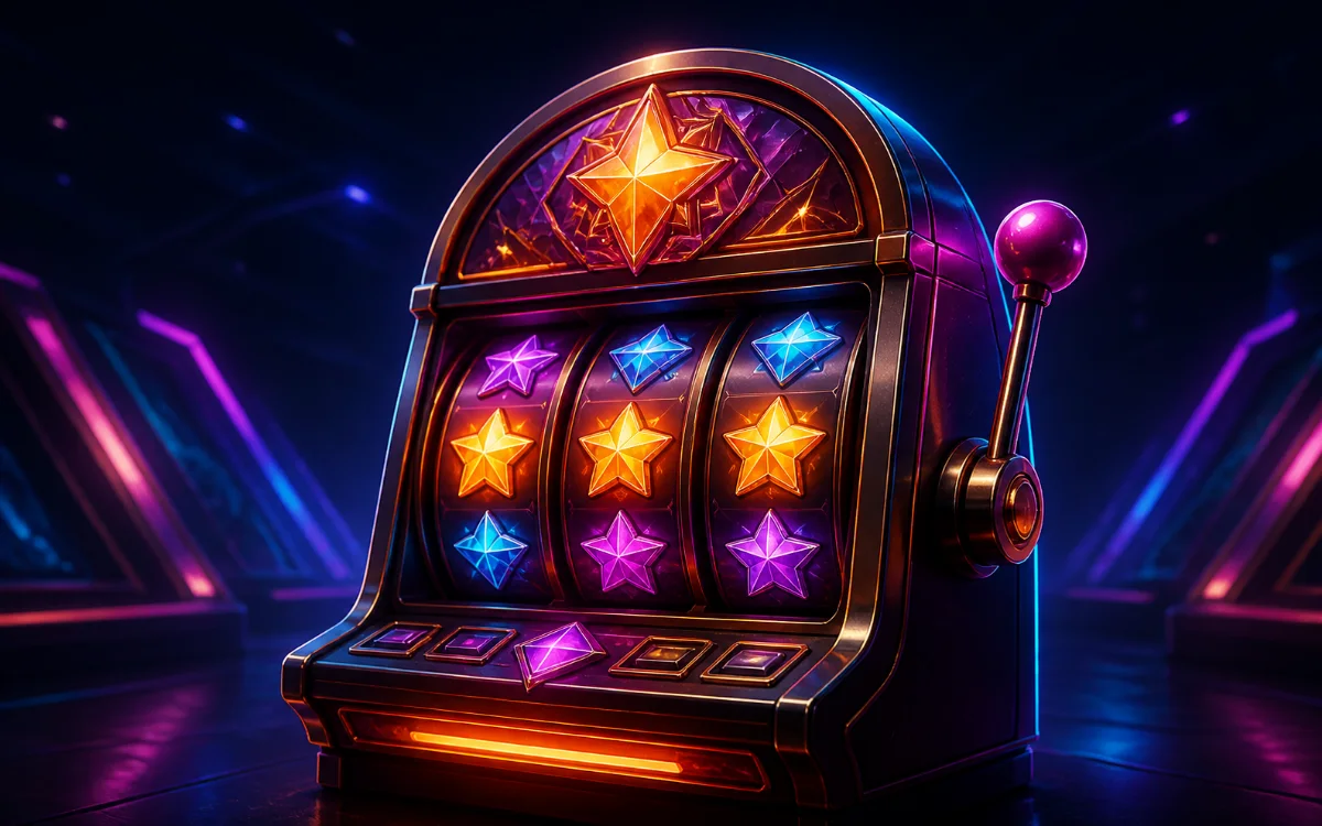 A neon slot cabinet shining under a star-filled sky